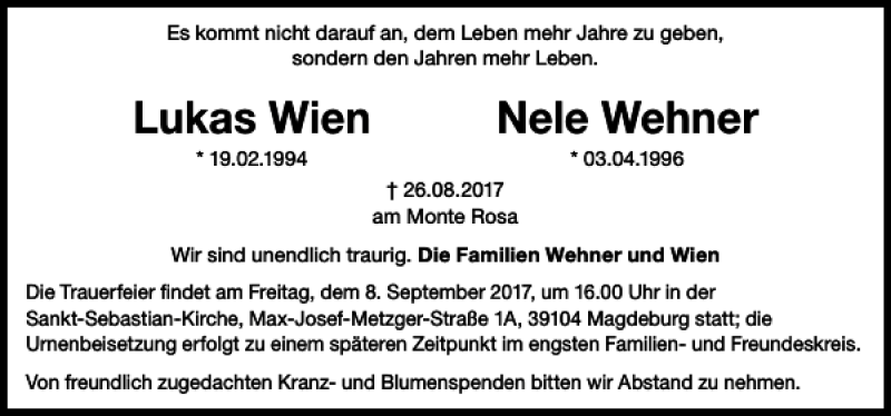  Traueranzeige für Lukas Wien und Nele Wehner vom 05.09.2017 aus HAZ/NP