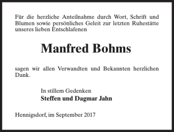 Traueranzeige von Manfred Bohms von MAZ-Trauer.de