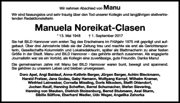 Traueranzeige von Manuela Noreikat-Clasen von HAZ/NP