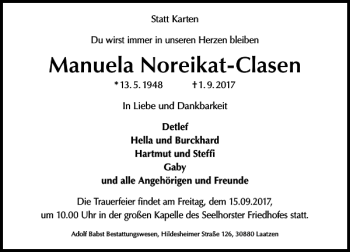 Traueranzeige von Manuela Noreikat-Clasen von HAZ/NP