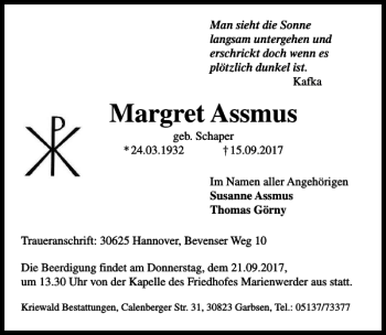 Traueranzeige von Margret Assmus von HAZ/NP