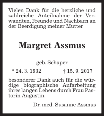 Traueranzeige von Margret Assmus von HAZ/NP