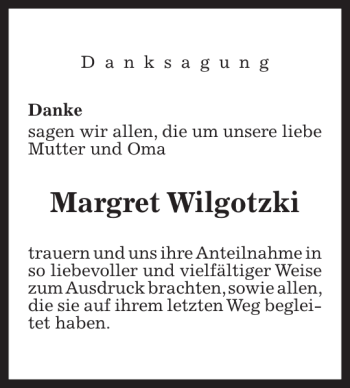 Traueranzeige von Margret Wilgotzki von HAZ/NP