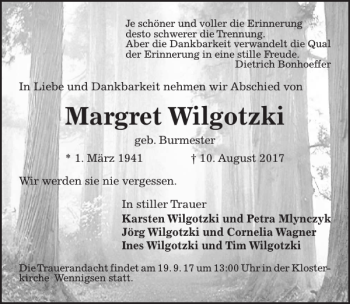 Traueranzeige von Margret Wilgotzki von HAZ/NP