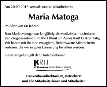 Traueranzeige von Maria Matoga Mmvf976076 Nr von HAZ/NP