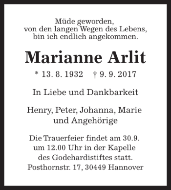 Traueranzeige von Marianne Arlit von HAZ/NP