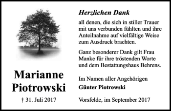 Traueranzeige von Marianne Piotrowski von Aller Zeitung / Wolfsburger Allgemeine