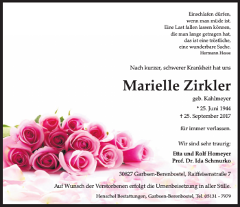 Traueranzeige von Marielle Zirkler von HAZ/NP