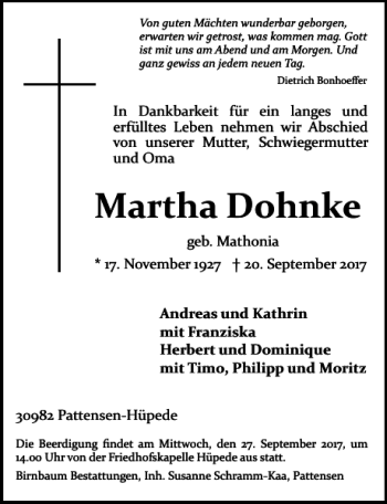 Traueranzeige von Martha Dohnke von HAZ/NP