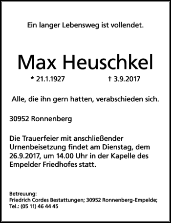 Traueranzeige von Max Heuschkel von HAZ/NP