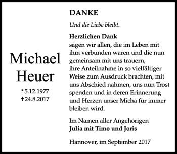 Traueranzeige von Michael Heuer von HAZ/NP