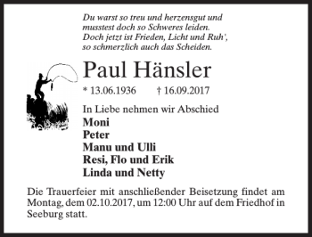 Traueranzeige von Paul Hänsler von MAZ-Trauer.de
