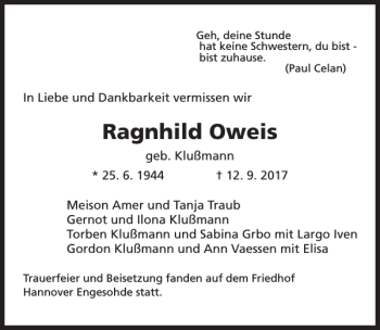 Traueranzeige von Ragnhild Oweis von HAZ/NP