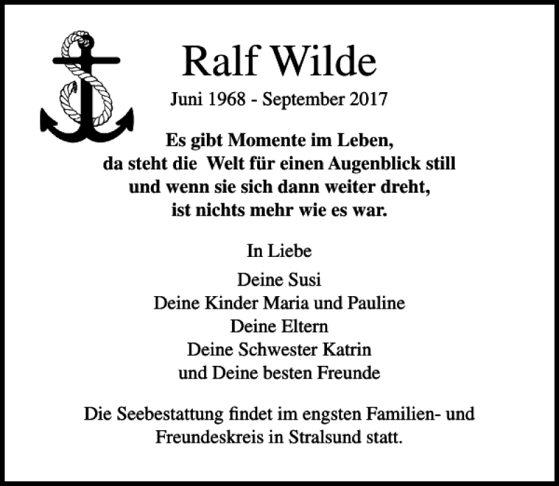  Traueranzeige für Ralf Wilde vom 30.09.2017 aus Ostsee-Zeitung