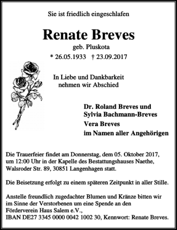 Traueranzeige von Renate Breves von HAZ/NP