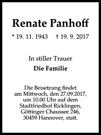 Traueranzeige von Renate Panhoff von HAZ/NP