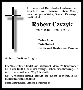 Traueranzeige von Robert Czyzyk von Aller Zeitung / Wolfsburger Allgemeine