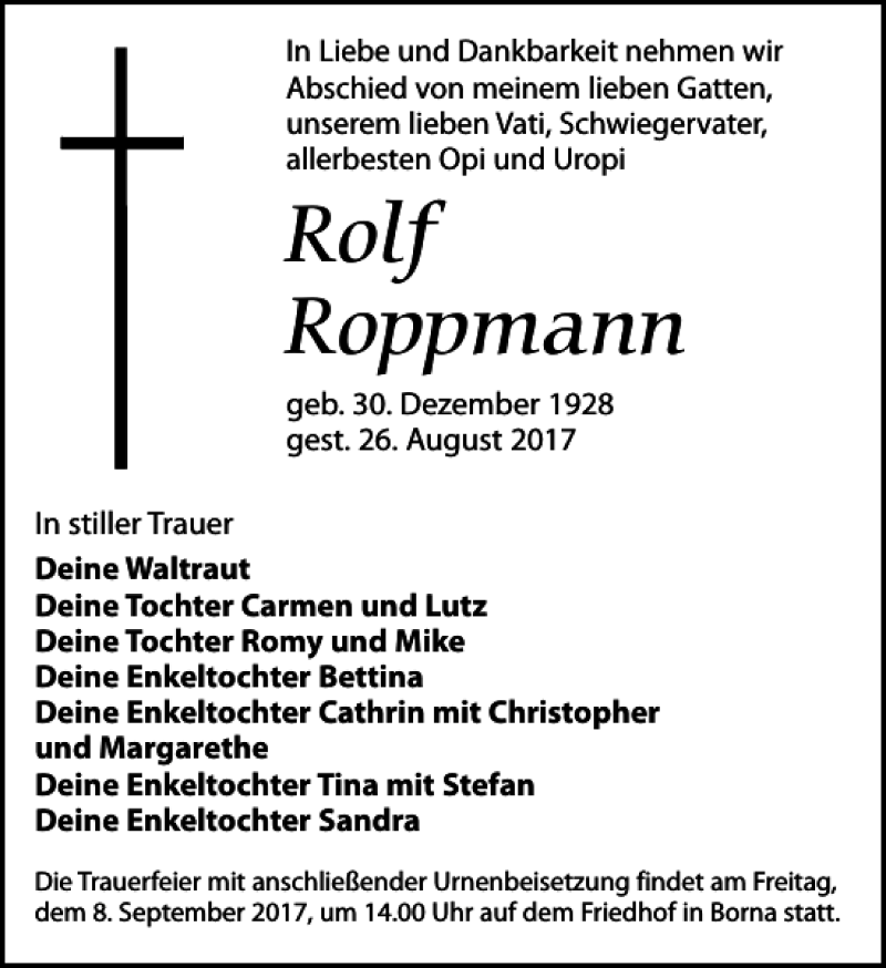  Traueranzeige für Rolf Roppmann vom 02.09.2017 aus Leipziger Volkszeitung