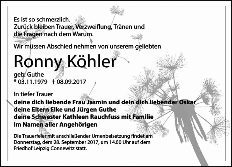  Traueranzeige für Ronny Köhler vom 16.09.2017 aus Leipziger Volkszeitung