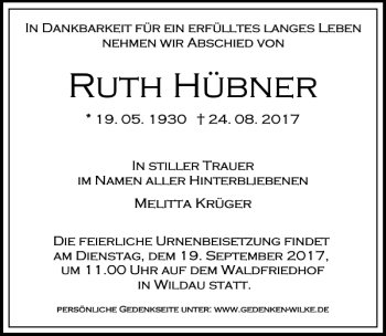 Traueranzeige von Ruth Hübner von MAZ-Trauer.de