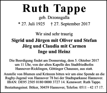 Traueranzeige von Ruth Tappe von HAZ/NP