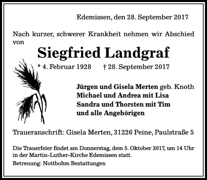  Traueranzeige für Siegfried Landgraf vom 30.09.2017 aus Peiner Allgemeine Zeitung