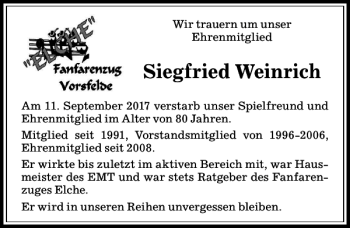 Traueranzeige von Siegfried Nachruf Weinrich von Aller Zeitung / Wolfsburger Allgemeine