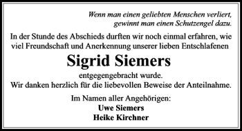 Traueranzeige von Sigrid Siemers von HAZ/NP