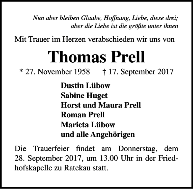  Traueranzeige für Thomas Prell vom 24.09.2017 aus Lübecker Nachrichten