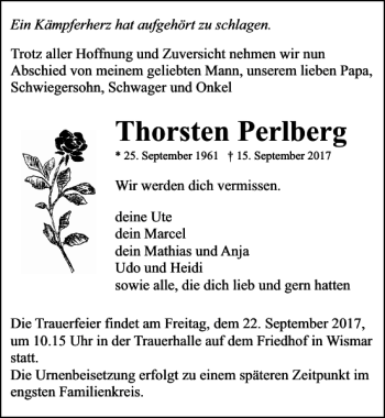 Traueranzeige von Thorsten Perlberg von Ostsee-Zeitung
