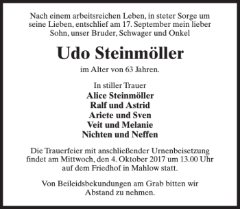 Traueranzeige von Udo Steinmöller von MAZ-Trauer.de