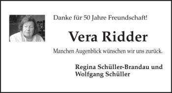 Traueranzeige von Vera Ridder von HAZ/NP