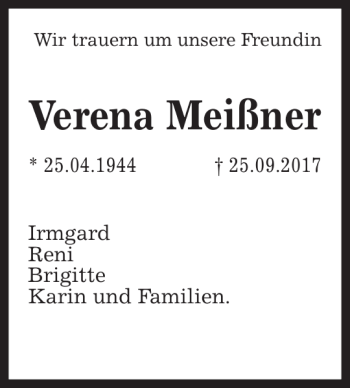 Traueranzeige von Verena Meißner von HAZ/NP