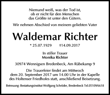 Traueranzeige von Waldemar Richter von HAZ/NP