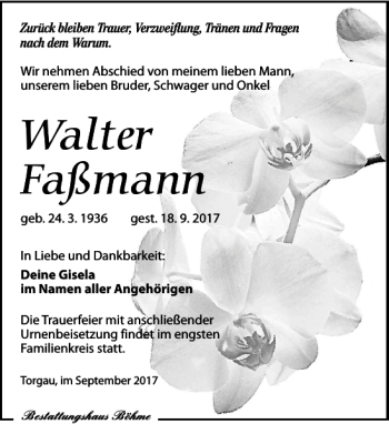 Traueranzeige von Walter Faßmann von Torgauer Zeitung