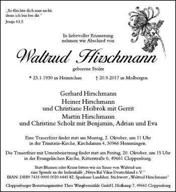 Traueranzeige von Waltrud Hirschmann von HAZ/NP