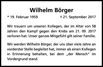 Traueranzeige von Wilhelm Börger von HAZ/NP