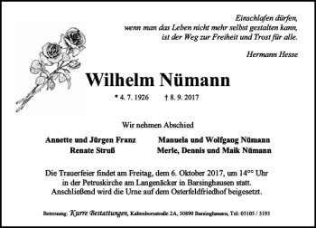 Traueranzeige von Wilhelm Nümann von HAZ/NP