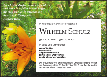 Traueranzeige von Wilhelm Schulz von MAZ-Trauer.de