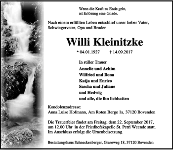 Traueranzeige von Willi Kleinitzke von Göttinger Tageblatt