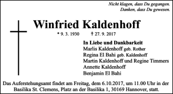 Traueranzeige von Winfried Kaldenhoff von HAZ/NP