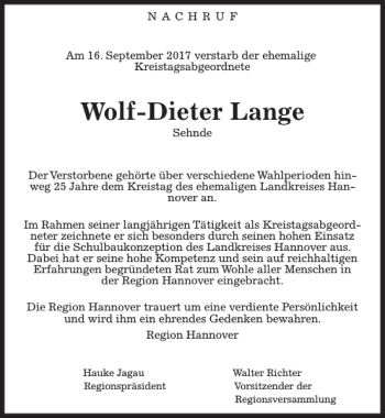 Traueranzeige von Wolf-Dieter Lange von HAZ/NP