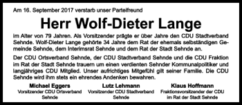 Traueranzeige von Wolf-Dieter Lange von HAZ/NP