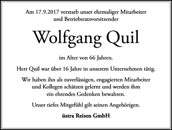 Traueranzeige von Wolfgang Quil von HAZ/NP