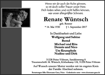 Traueranzeige von renate.pdf W ntsch von Peiner Allgemeine Zeitung