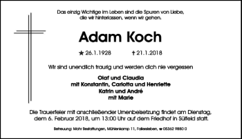 Traueranzeige von Adam Koch von Aller Zeitung / Wolfsburger Allgemeine