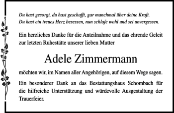 Traueranzeige von Adele Zimmermann von Ostsee-Zeitung