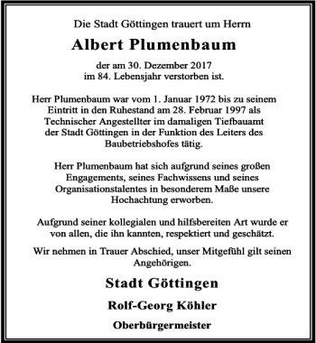 Traueranzeige von Albert Plumenbaum von Göttinger Tageblatt