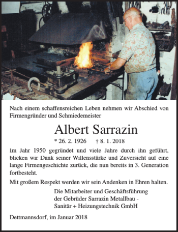 Traueranzeige von Albert Sarrazin von Ostsee-Zeitung
