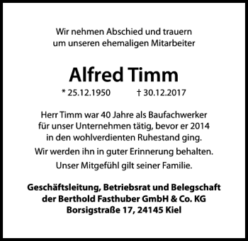 Traueranzeige von Alfred Timm von Kieler Nachrichten / Segeberger Zeitung